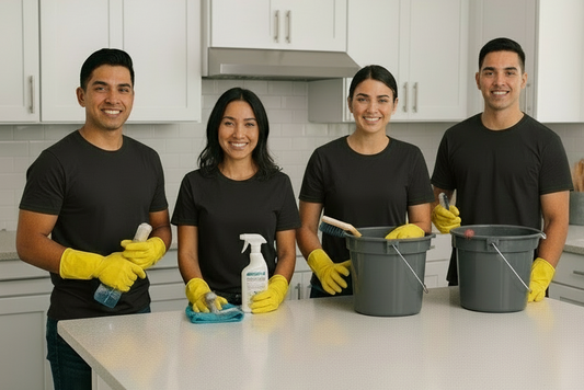 4 cleaners with cleaning tools standing in the kitchen