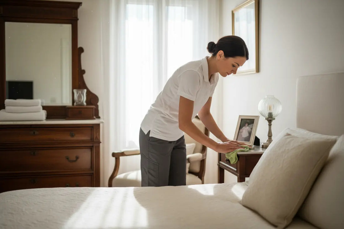 Professional house cleaner following a room-by-room cleaning schedule in a modern home