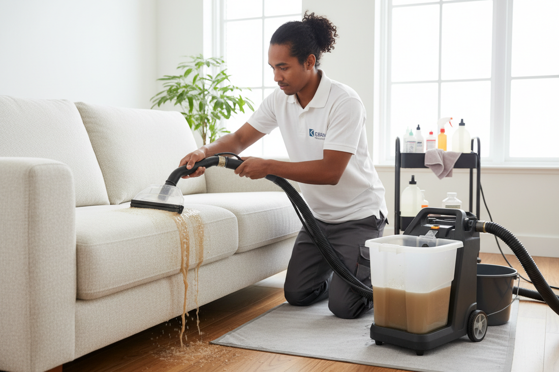 Deep cleaning a sofa for better look by a cleaner with white polo from SeeyonClean