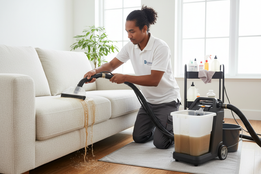 Deep cleaning a sofa for better look by a cleaner with white polo from SeeyonClean