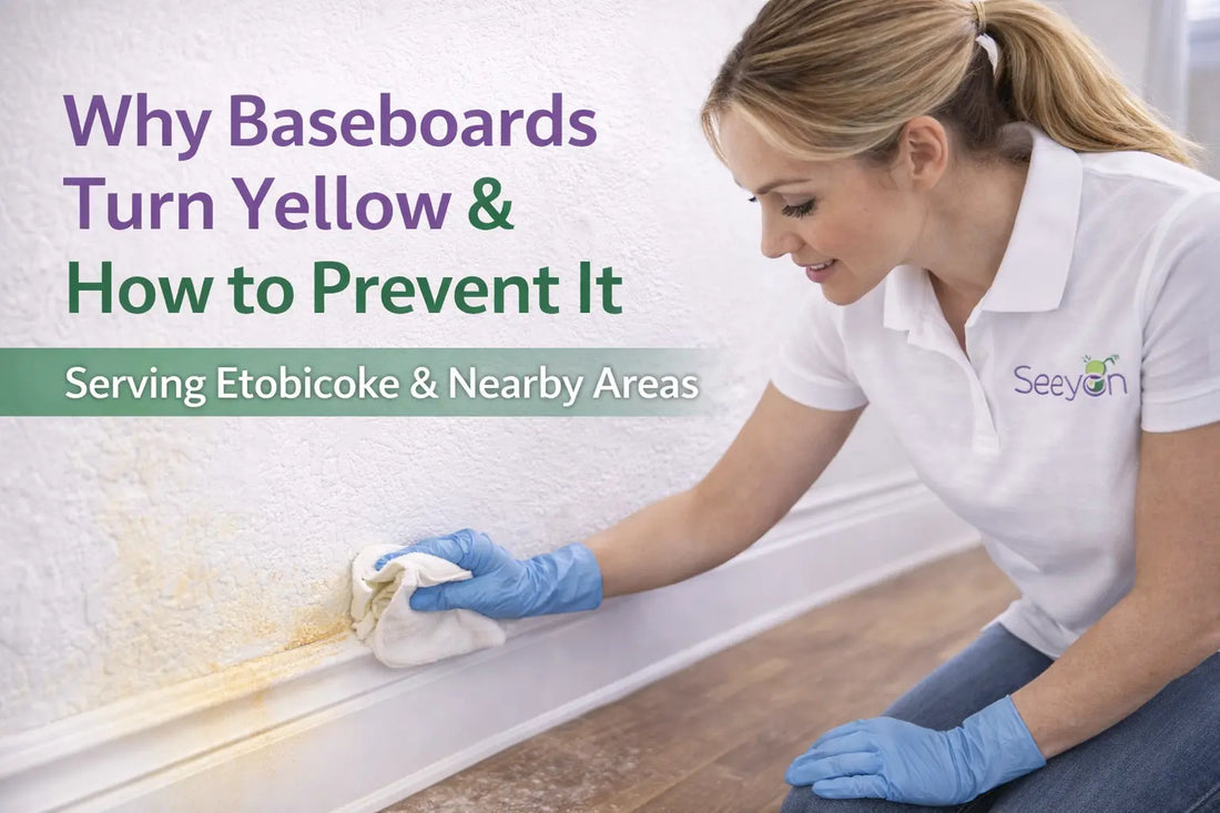 SeeyonClean professional in white uniform performing baseboard cleaning service and removing yellow stains during detailed home cleaning in Etobicoke GTA.