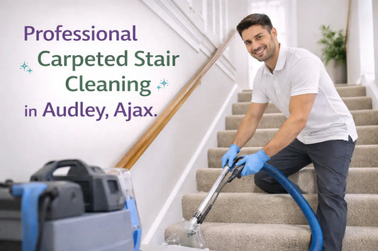 a cleaner doing cleaning on carpeted stair