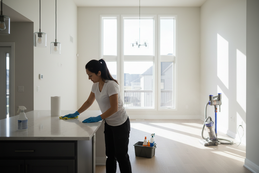 A seeyonclean cleaner is deep cleaning a counter top and kitchen as part of move In/out cleaning services in Markham area