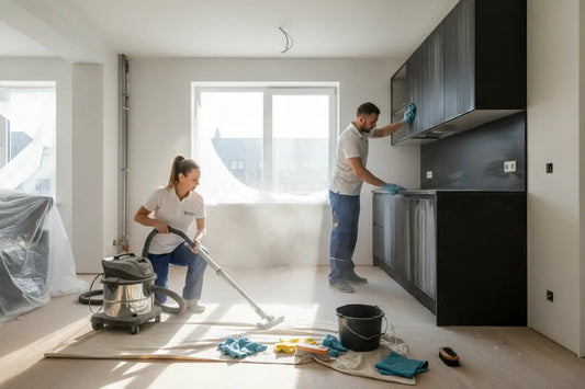 Two cleaners clearing post renovation dust