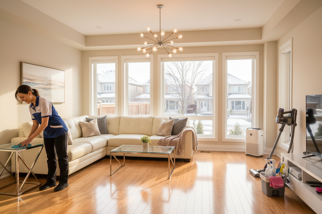 Professional Cleaner is working in North York home. its living area in a house