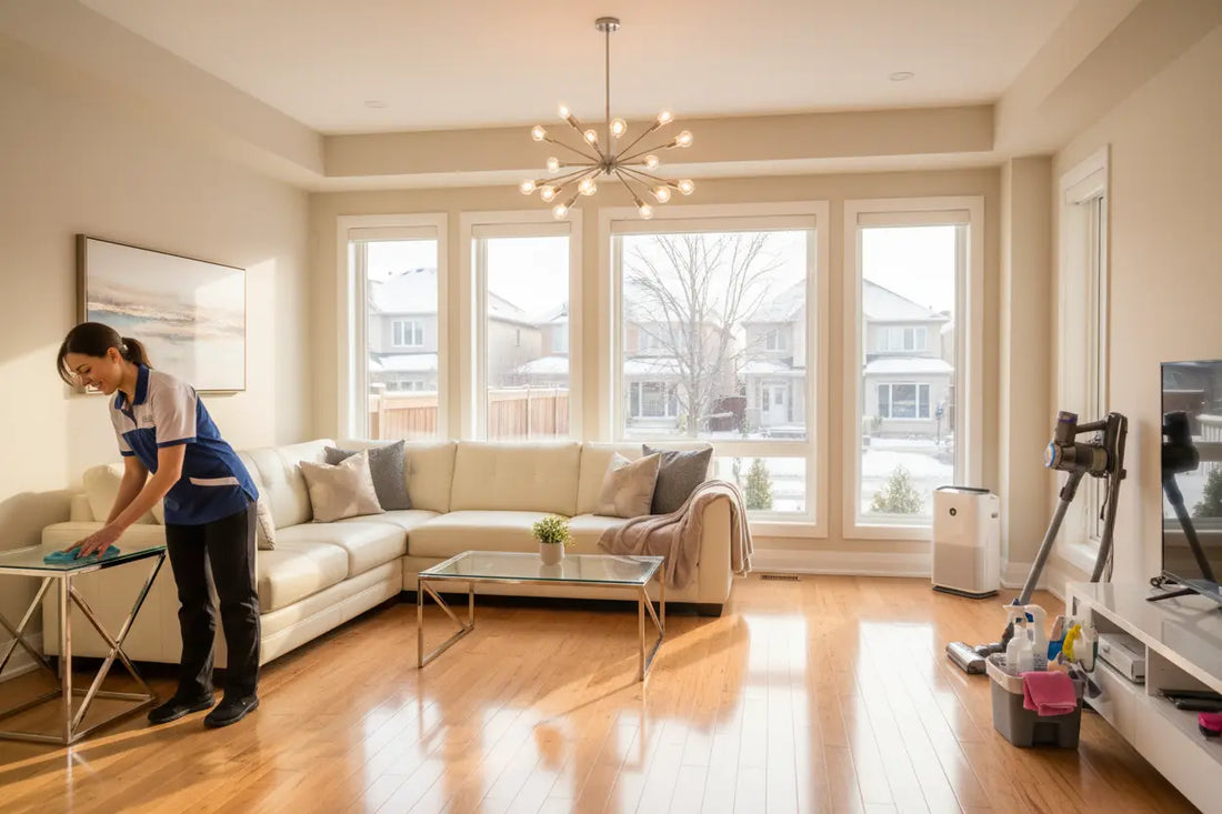 Professional Cleaner is working in North York home. its living area in a house
