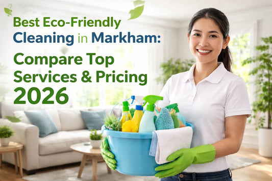 Female cleaner in white polo holding eco-friendly cleaning supplies in a bright living room with blog title text.