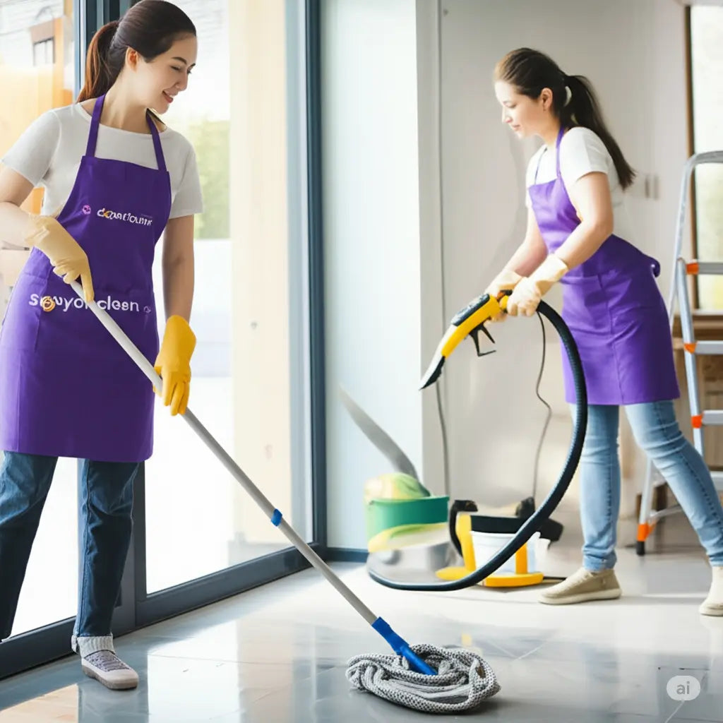 Woman in SeeyonClean uniform using a broom and dustpan to clean hardwood floor, emphasizing post-renovation cleaning techniques in a bright, empty room.