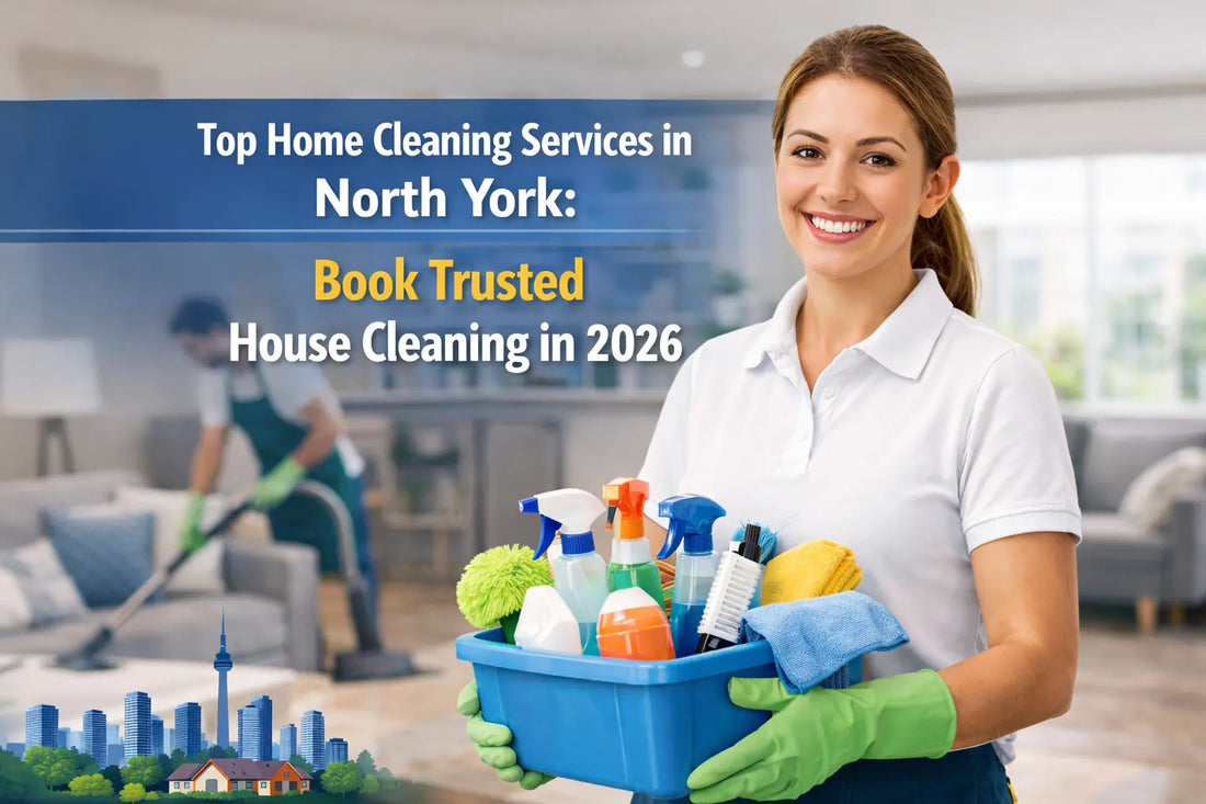a cleaner holding cleaning supplies, other cleaner doing cleaning in the back