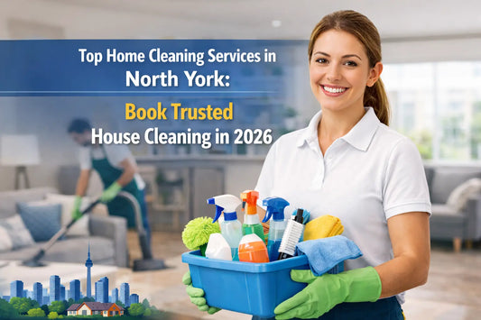 a cleaner holding cleaning supplies, other cleaner doing cleaning in the back