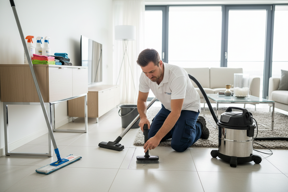 Seeyoncelan cleaner scrubbing the grout in a lived in home cleaning. 