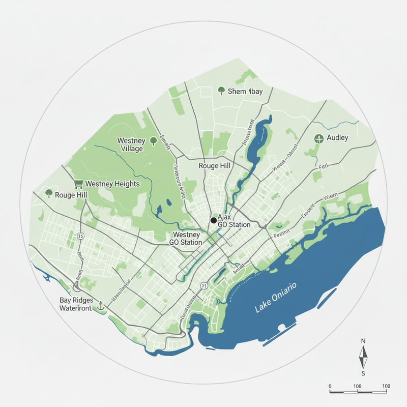 Map of Ajax, where coastal area with green land and blue water, showing roads and water bodies.