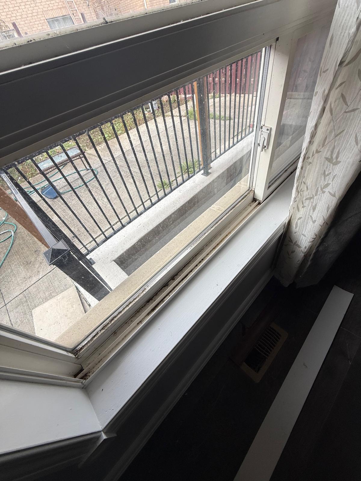 Window with a view of a street and sidewalk, showing a  dirty metal railing.