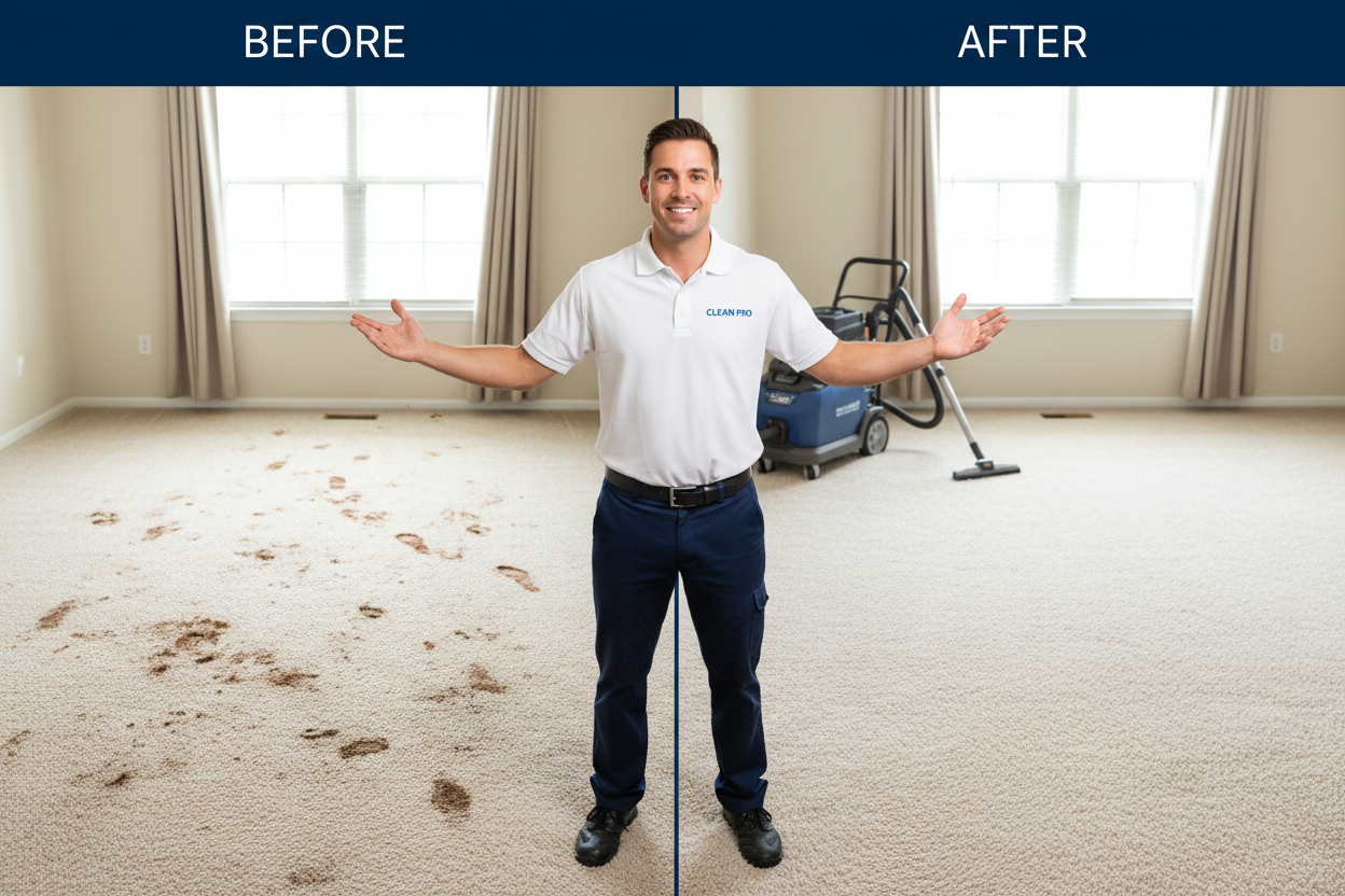 Person standing in a room with carpet stains, with cleaning equipment in the background.