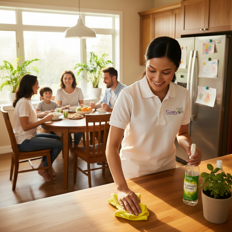 family is eating at the table and cleaner is working beside