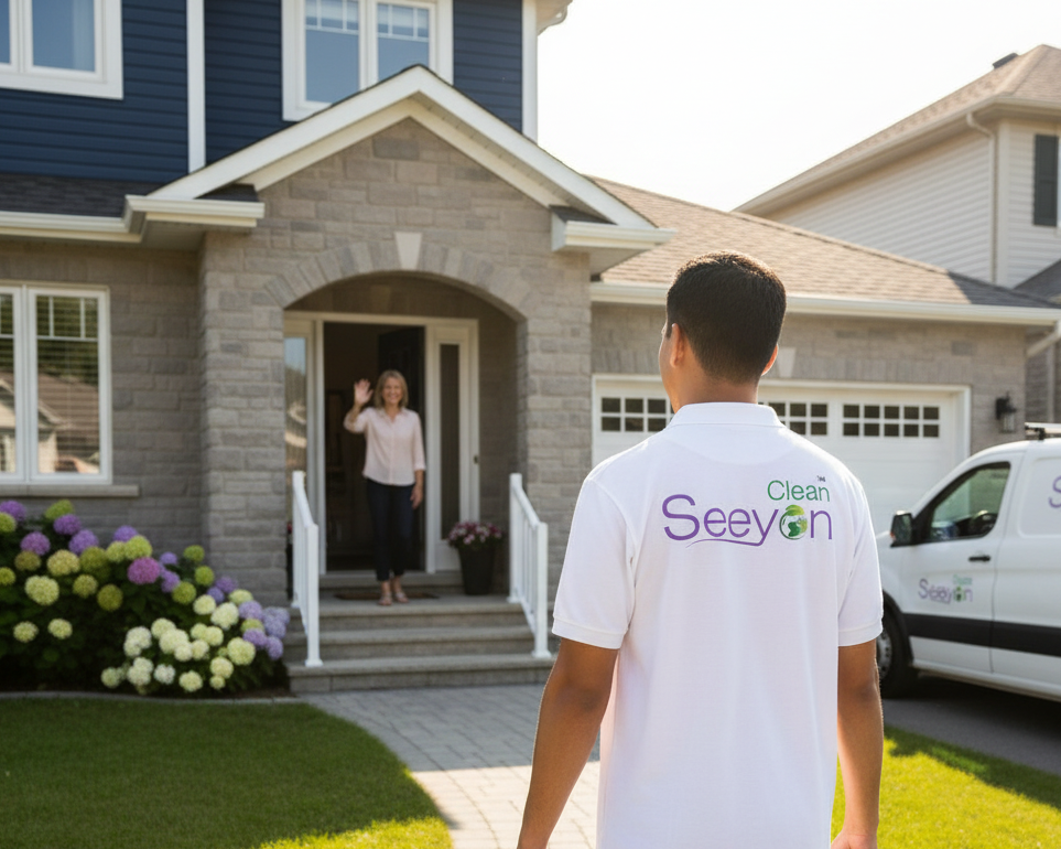 cleaner walking to the house with supplies for cleaning service