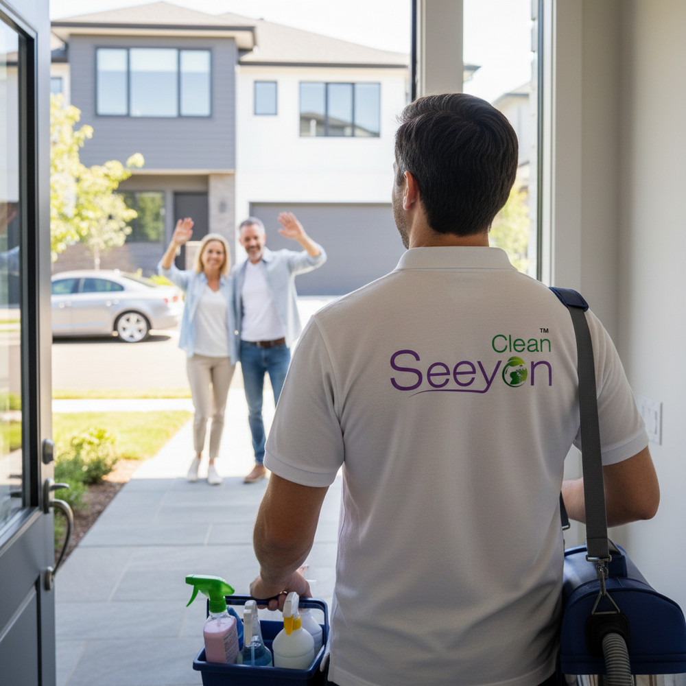 Customer waving  the cleaner while they are leaving  their home
