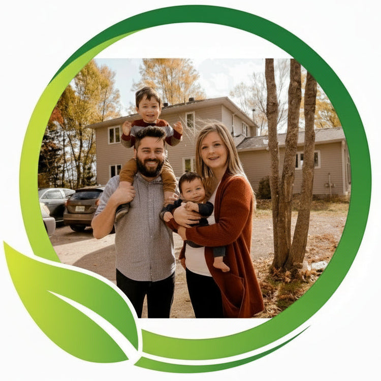 Family with two children in a driveway during autumn, framed by a green leaf-shaped border.