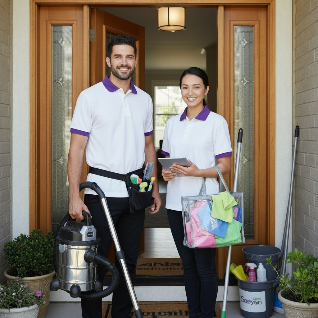 Two cleaning service workers with equipment standing in a doorway at Fashion District