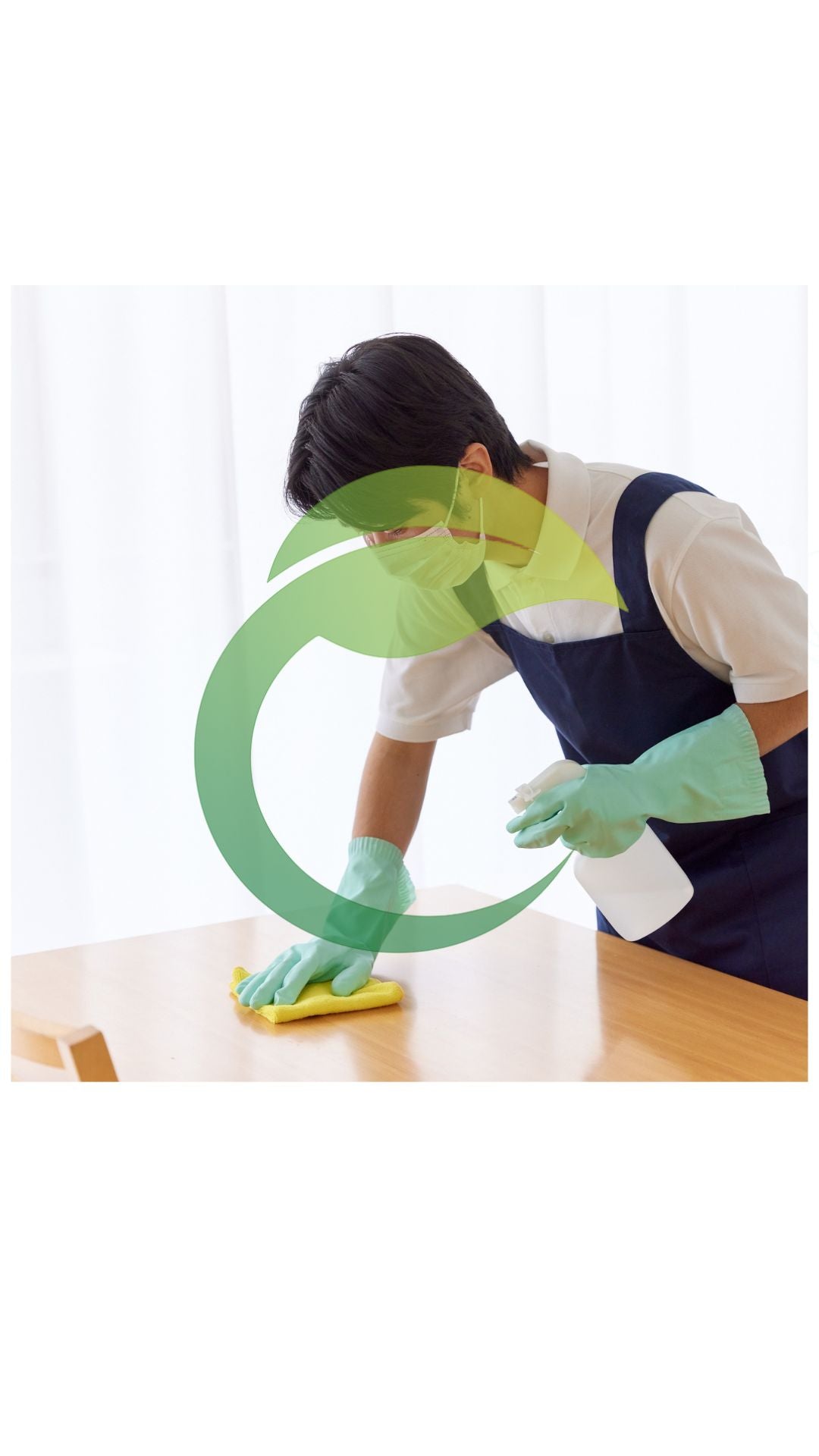 SeeyonClean staff is cleaning a surface with a green cleaning tool, wearing gloves and an apron.