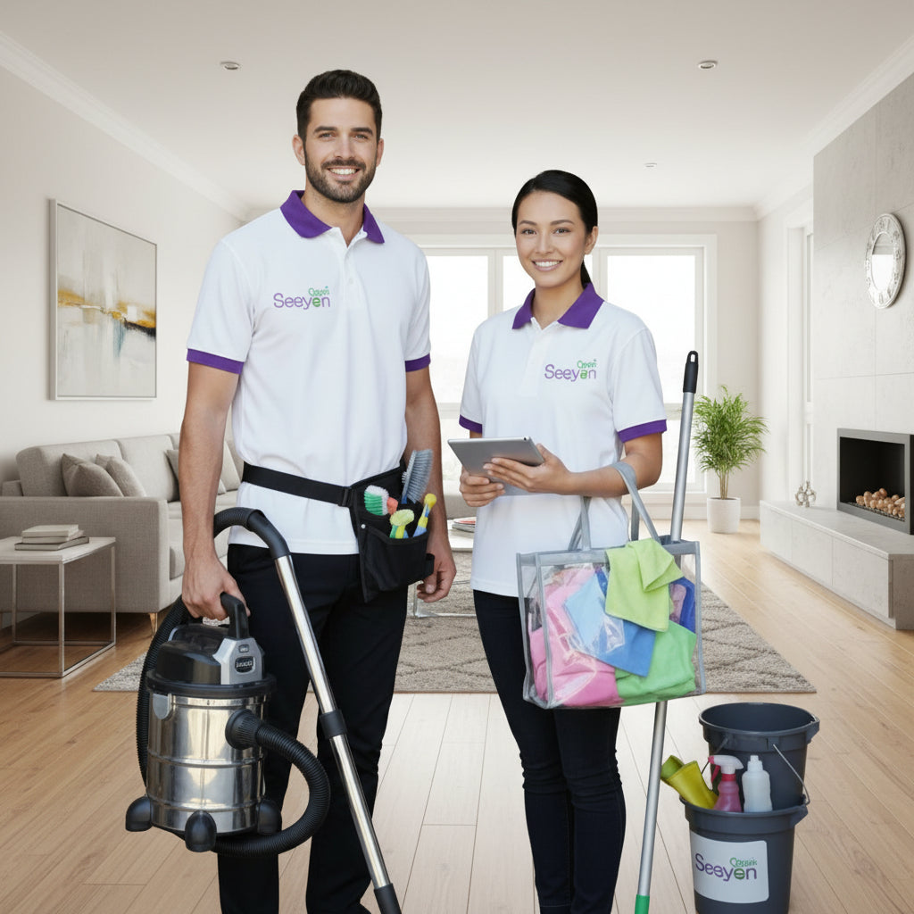 Two people in cleaning uniforms with cleaning equipment inside a house.