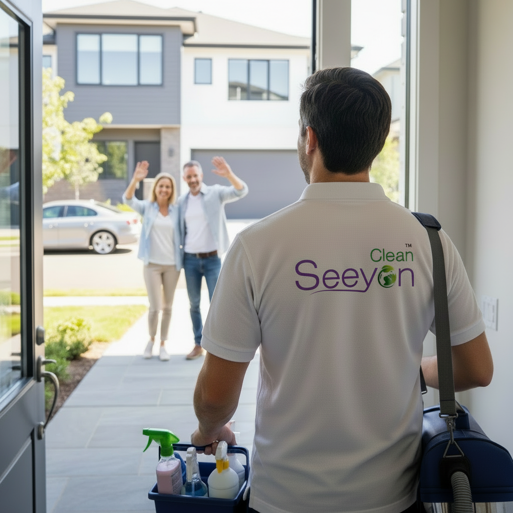 Moss Park residents waving goodbye as a professional cleaner prepares to start eco-friendly home cleaning