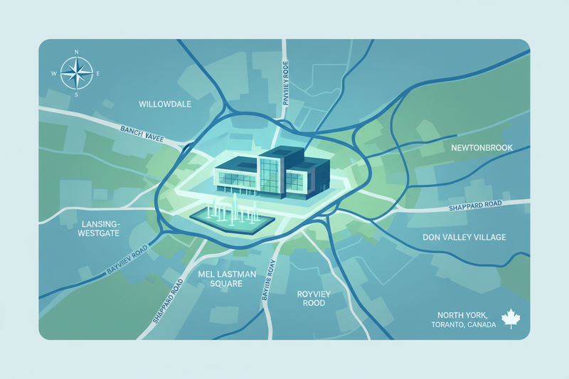 Map of a building location in North York with surrounding streets and areas on a light blue background