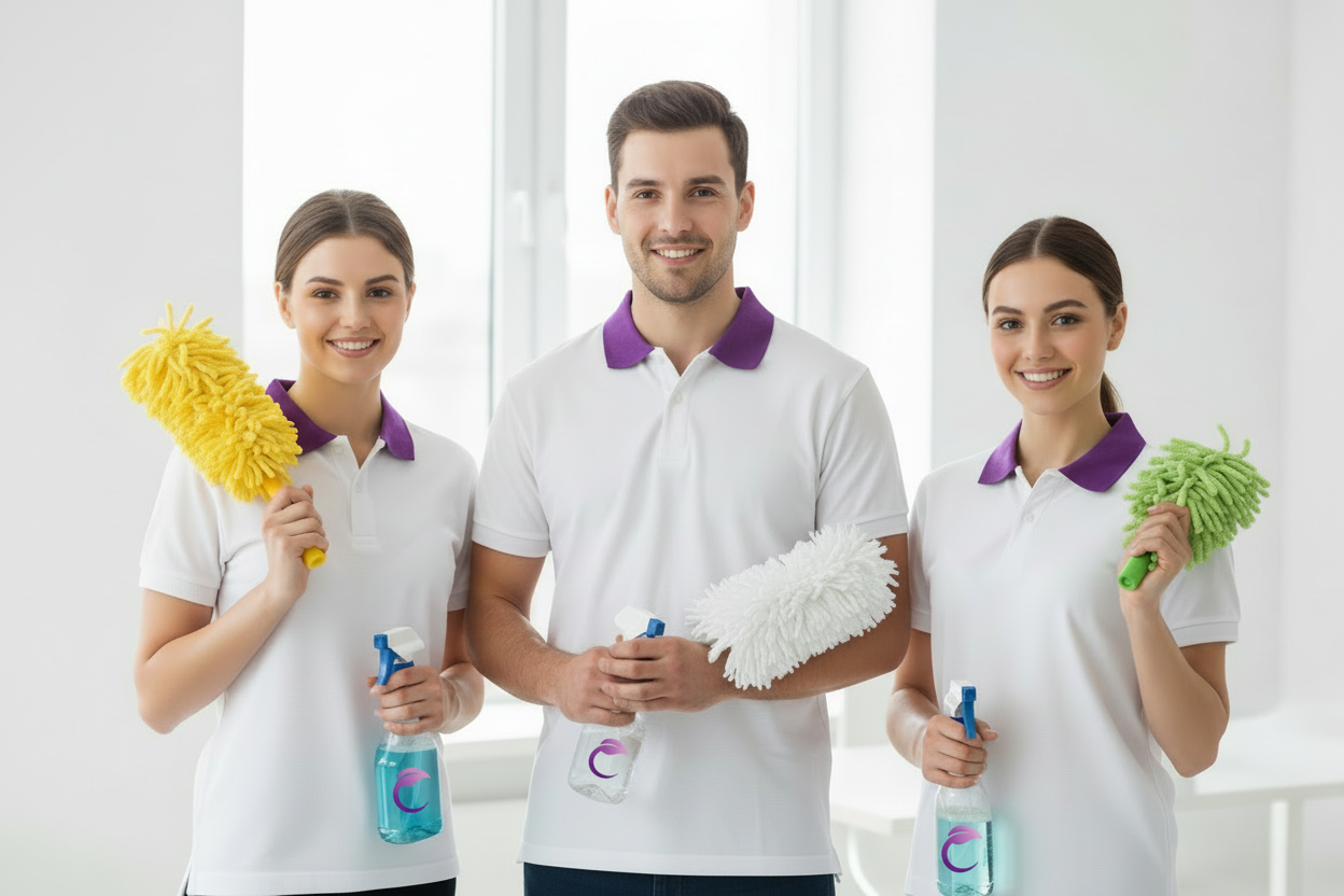 cleaners holding spray bottles and duster
