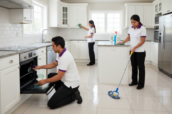 Three cleaners cleaning kitchen