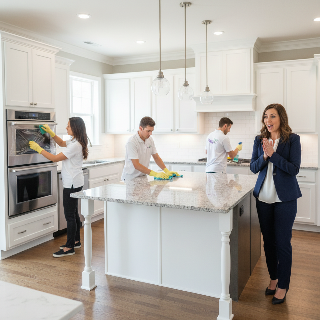 cleaners doing a post renovation cleaning and customer is amazed