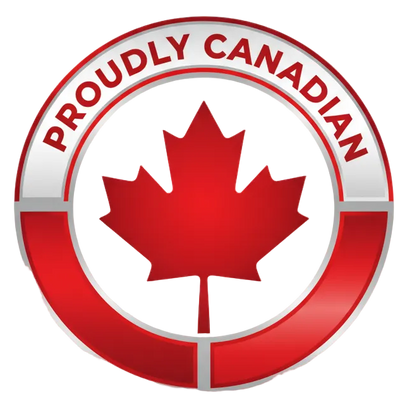 Circular logo with red maple leaf and 'Proudly Canadian' text on a gray background
