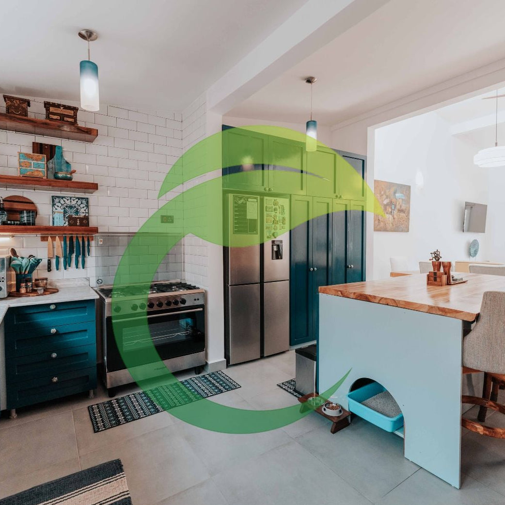 Modern kitchen with blue cabinets, stainless steel appliances, and a wooden island. after seeyonclean clean the home