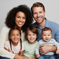 Family of five with two adults and three children posing together on a gray background