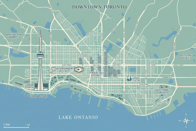 Map of Downtown Toronto with key landmarks and Lake Ontario.