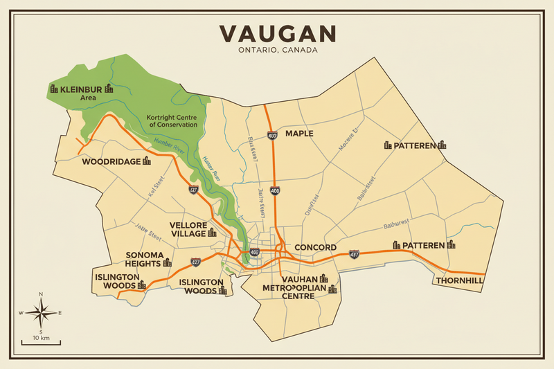 Map of Vaughan, Ontario, Canada with roads and Lake Ontario.