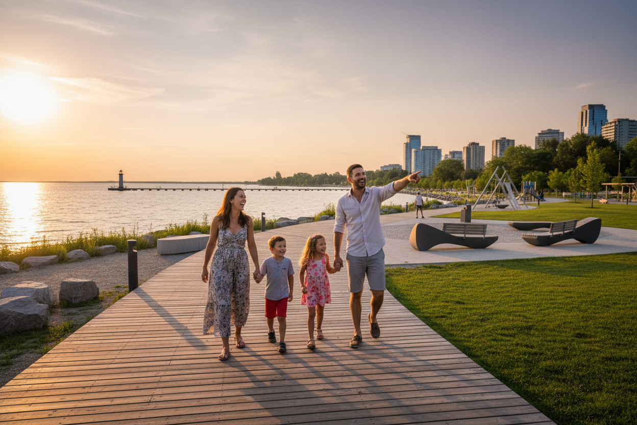 A happy family walking in ajax beach