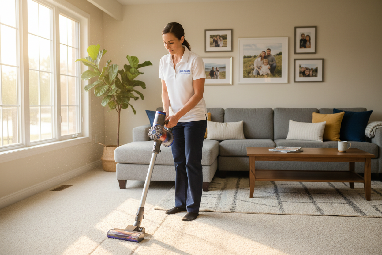 Seeyonclean cleaner cleaning a living room with a vacuum cleaner