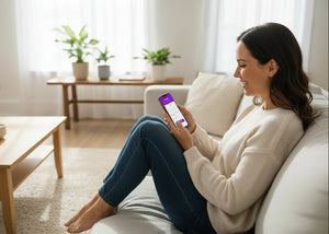 Woman sitting on a couch using a smartphone to book a cleaning in a bright living room.