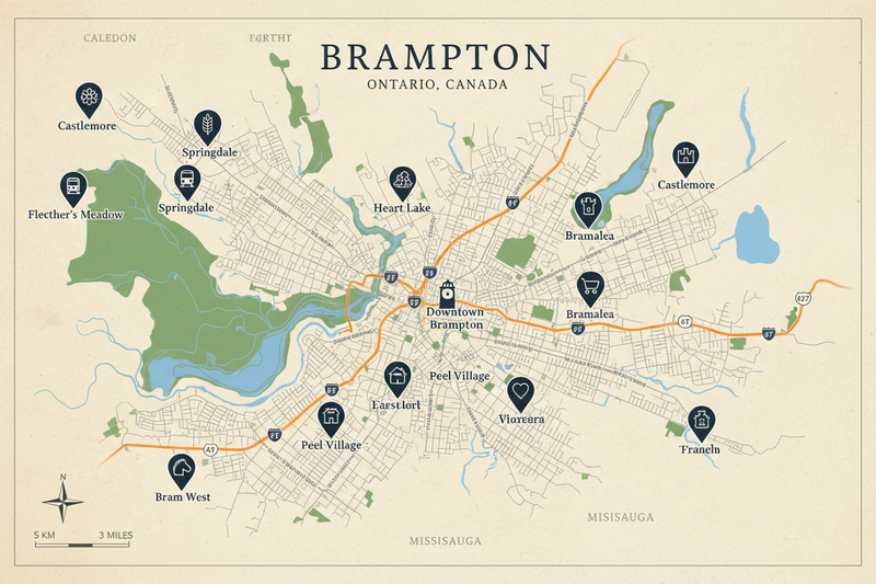 Map of Brampton, Ontario, Canada with roads and Lake Ontario.