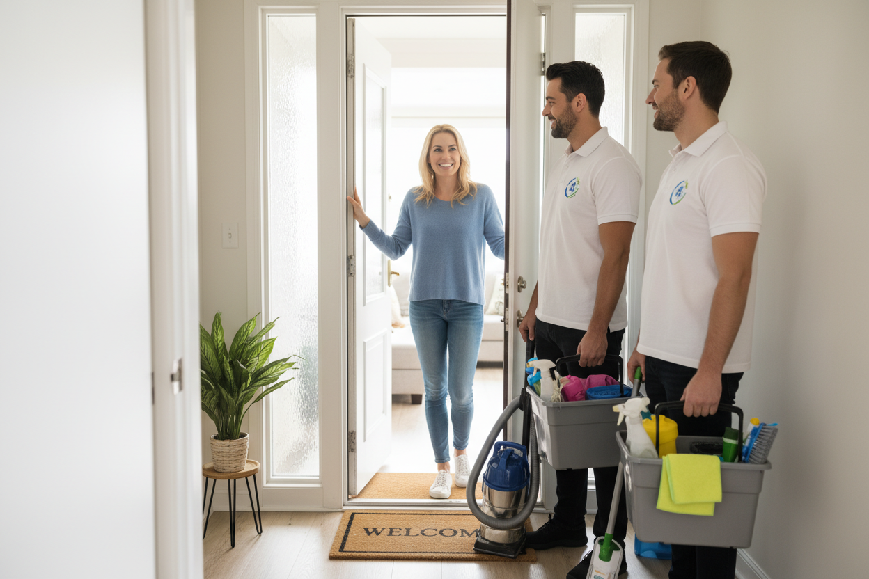Two cleaning service workers with equipment entering a home greeted by a woman.