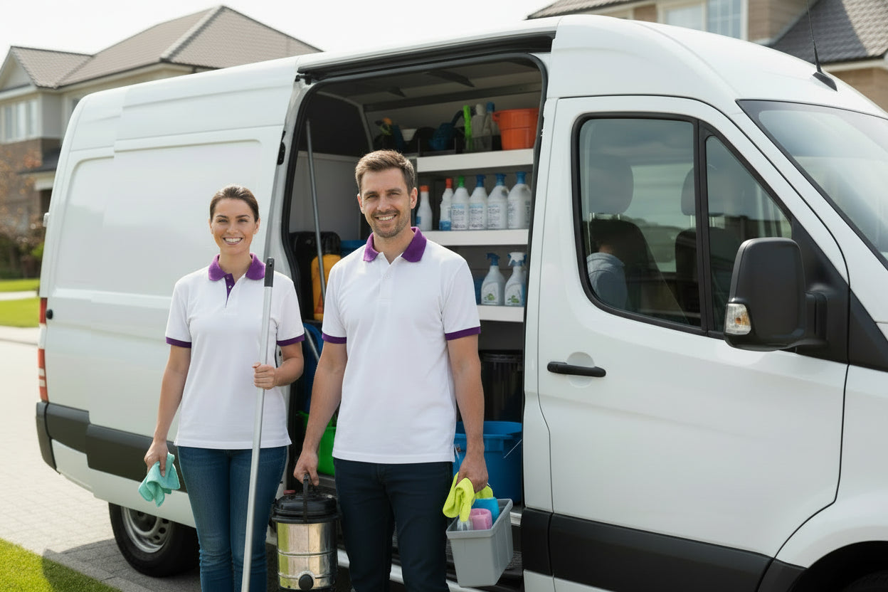 Two cleaners holding cleaning supplies, standing in front of van