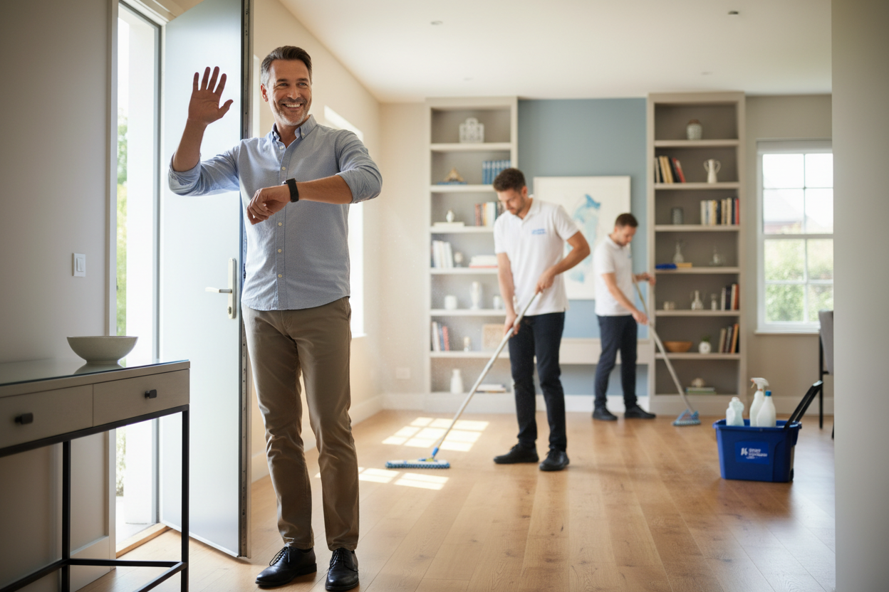 customer waiwing hands while our cleaners working for them in the house