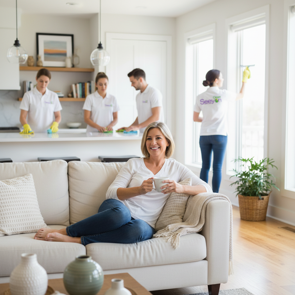 customer siting on a couch and cleaners working behind
