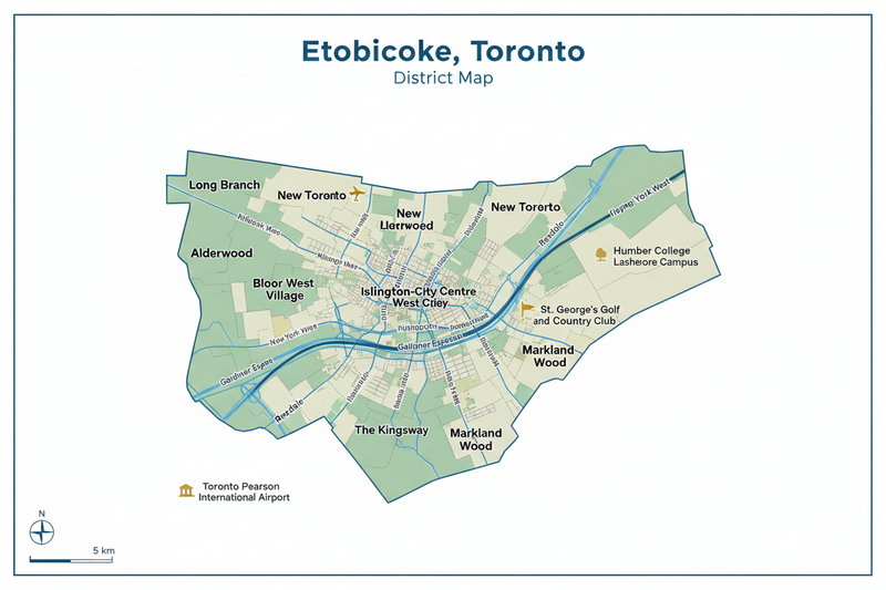 Map of Etobicoke, Toronto with various locations labeled.