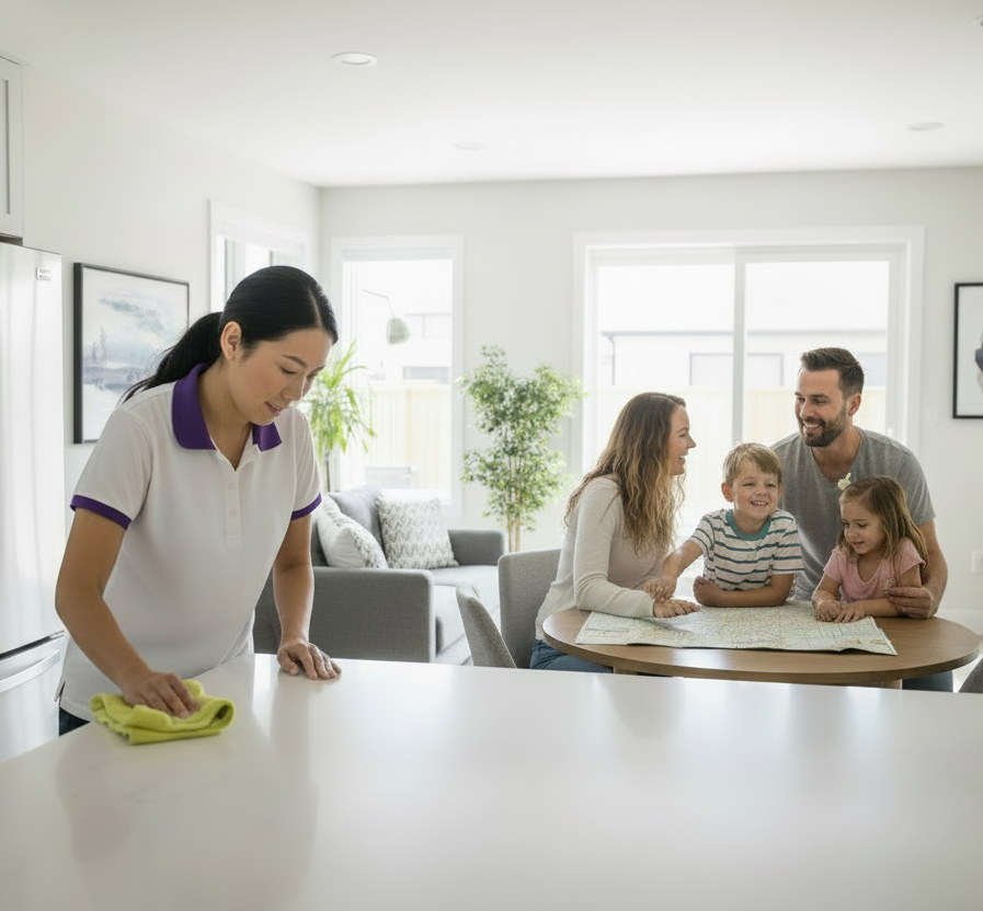 A cleaner cleaning kitchen and family exploring the map of whitby