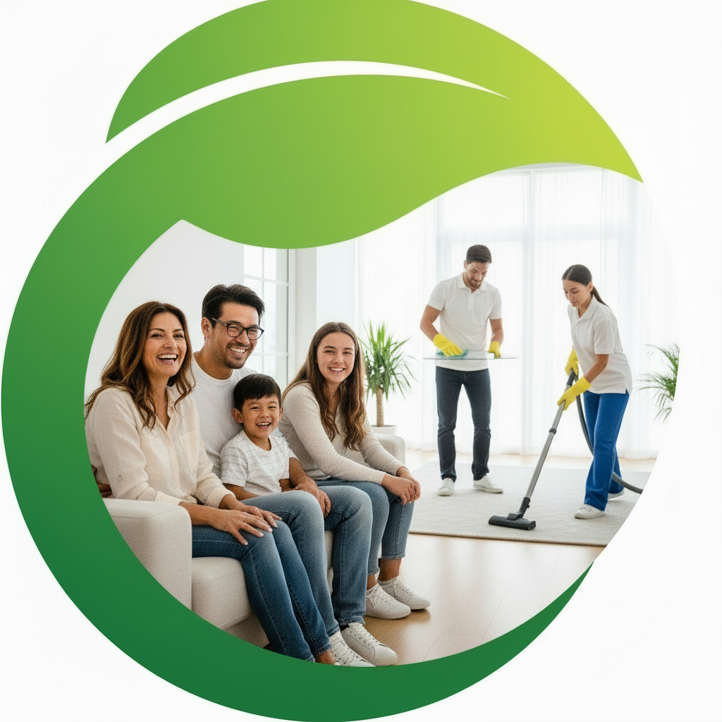 family enjoying while cleaner working