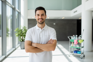 Man in a white shirt standing in a modern indoor setting with a cart in the background