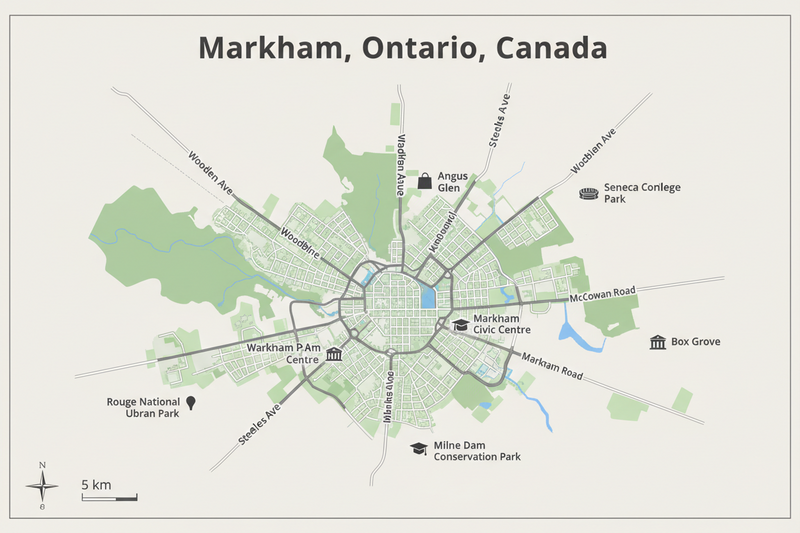 Map of Markham, Ontario, Canada with labeled locations and roads.