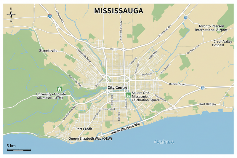 Map of Mississauga with key locations labeled