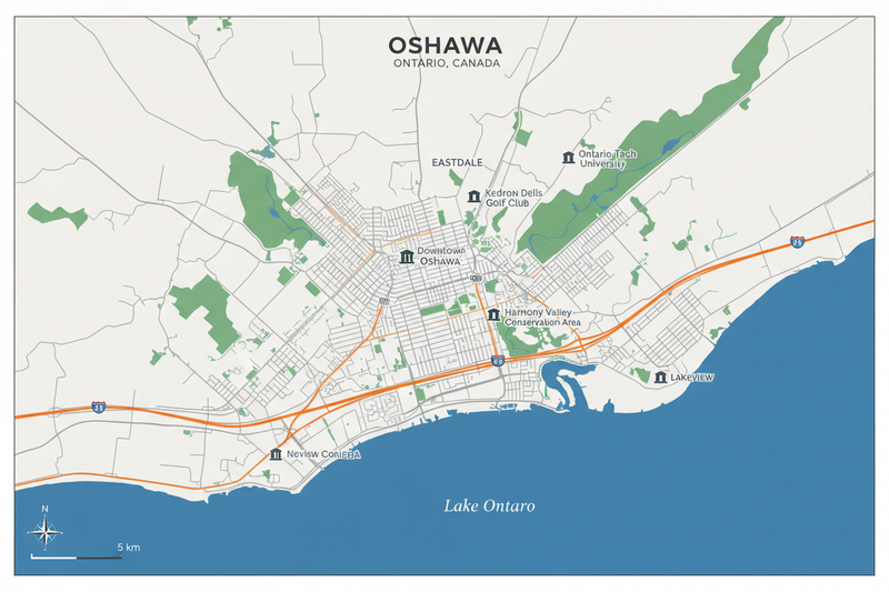 Map of Oshawa, Ontario, Canada with roads and Lake Ontario.